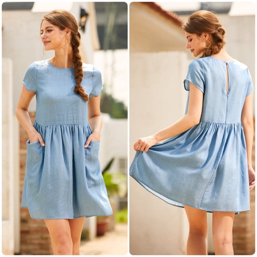 Women's ModCloth Blue Chambray Bold Notion Long Dress M Boho Beachy Coastal Norm